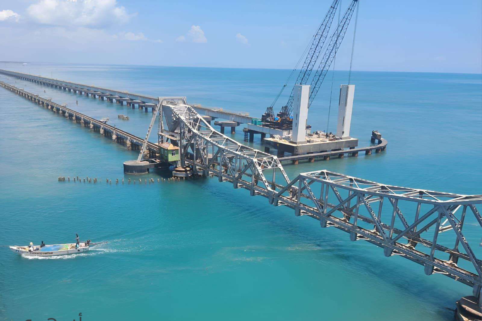 The Pamban rail bridge crossing turquoise water