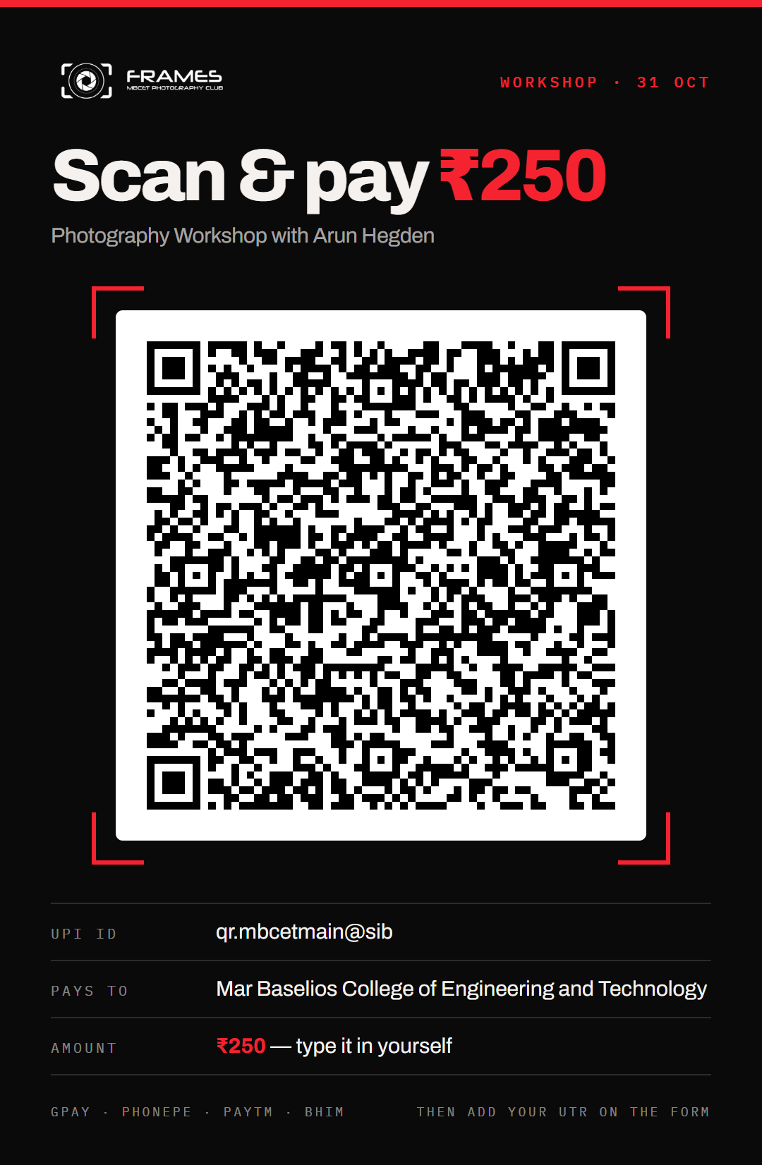 UPI QR to pay the workshop fee to Mar Baselios College of Engineering and Technology, UPI ID qr.mbcetmain@sib